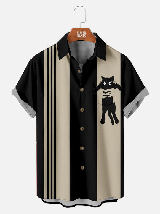 Men's Black Cat Bowling Shirt with Chest PocketMens short sleeve shirts Big and tall Mens shirts Short sleeve shirts for men Mens 4xl shirts Casual short sleeve shirts