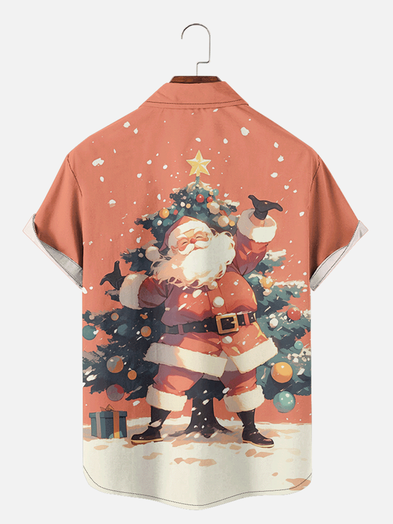 Men's Happy Santa Presenting a Christmas Tree Short Sleeve Shirt, mens short sleeve shirts?¡§o?big and tall mens shirts?¡§o?short sleeve shirts for men?¡§o?mens 4xl shirts?¡§o?casual short sleeve shirts