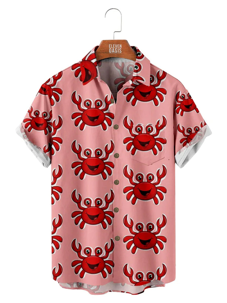 Men's Happy Red Crabs Pink Casual Short Sleeve ShirtMens short sleeve shirts Big and tall Mens shirts Short sleeve shirts for men Mens 4xl shirts Casual short sleeve shirts