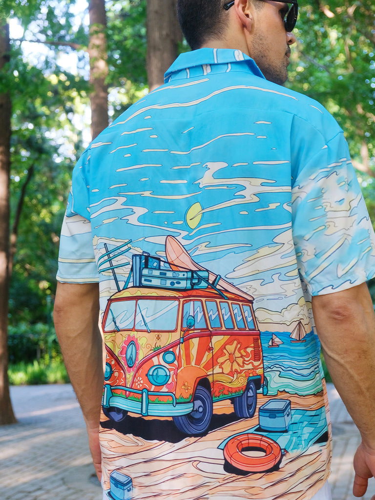 Men's Minibus on the Beach Short Sleeve Shirt TopMens short sleeve shirts Big and tall Mens shirts Short sleeve shirts for men Mens 4xl shirts Casual short sleeve shirts