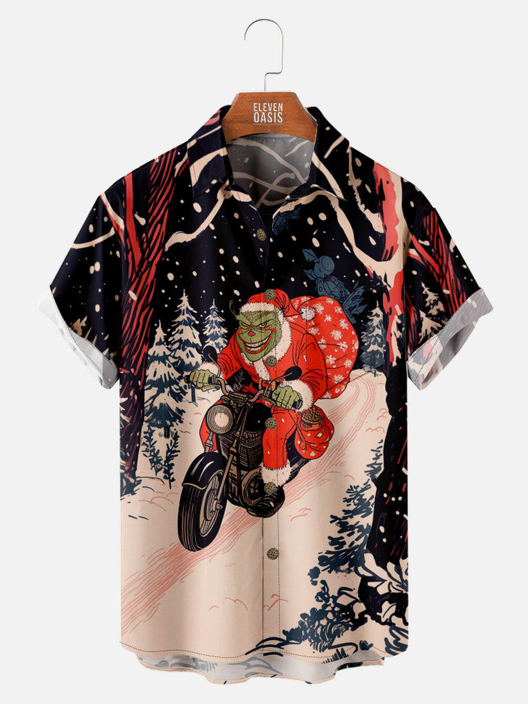 Men's Grinch on Motorcycle Driving Away with Presents Short Sleeve ShirtMens short sleeve shirts Big and tall Mens shirts Short sleeve shirts for men Mens 4xl shirts Casual short sleeve shirts