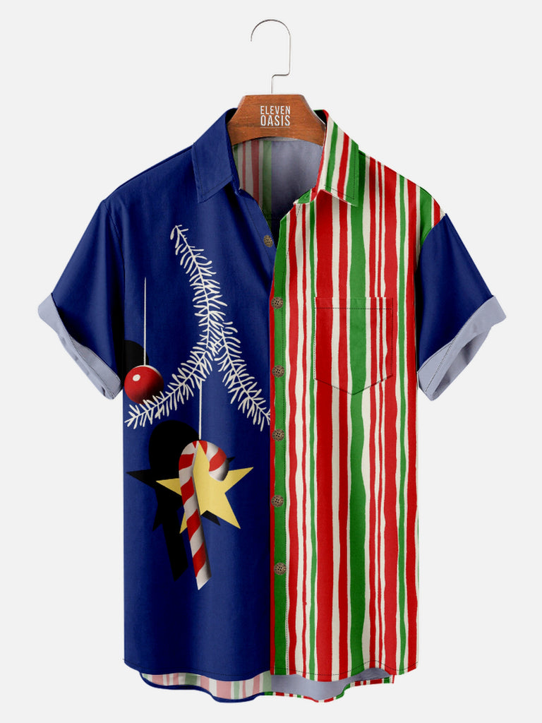 Men's Christmas Striped Ornaments Candy Cane Short Sleeve ShirtMens short sleeve shirts Big and tall Mens shirts Short sleeve shirts for men Mens 4xl shirts Casual short sleeve shirts