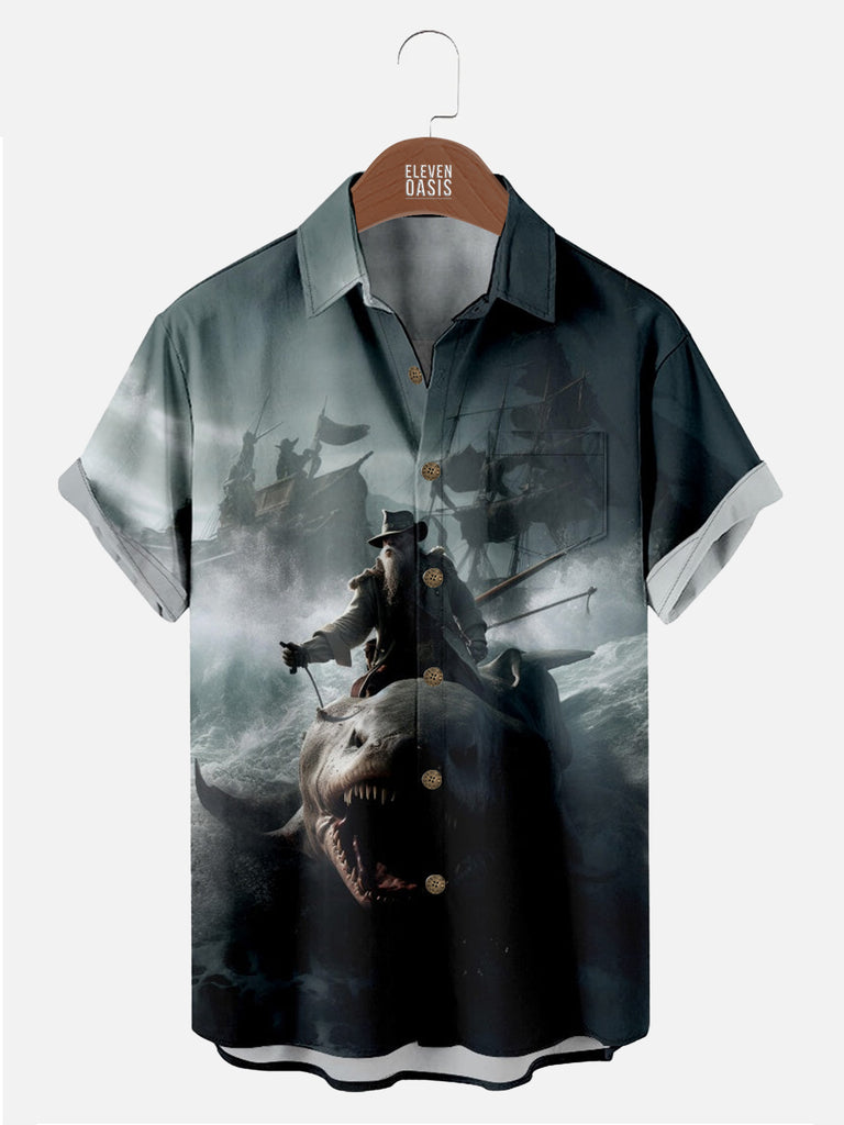 Men's Cowboy Pirate Riding a Shark Short Sleeve Shirt with Chest PocketMens short sleeve shirts Big and tall Mens shirts Short sleeve shirts for men Mens 4xl shirts Casual short sleeve shirts