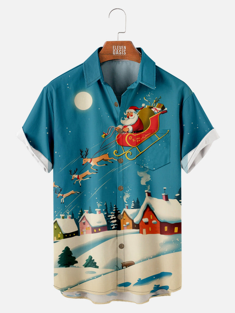 Men's Retro Santa's Sleighs Reindeer Presents Short Sleeve ShirtMens short sleeve shirts Big and tall Mens shirts Short sleeve shirts for men Mens 4xl shirts Casual short sleeve shirts