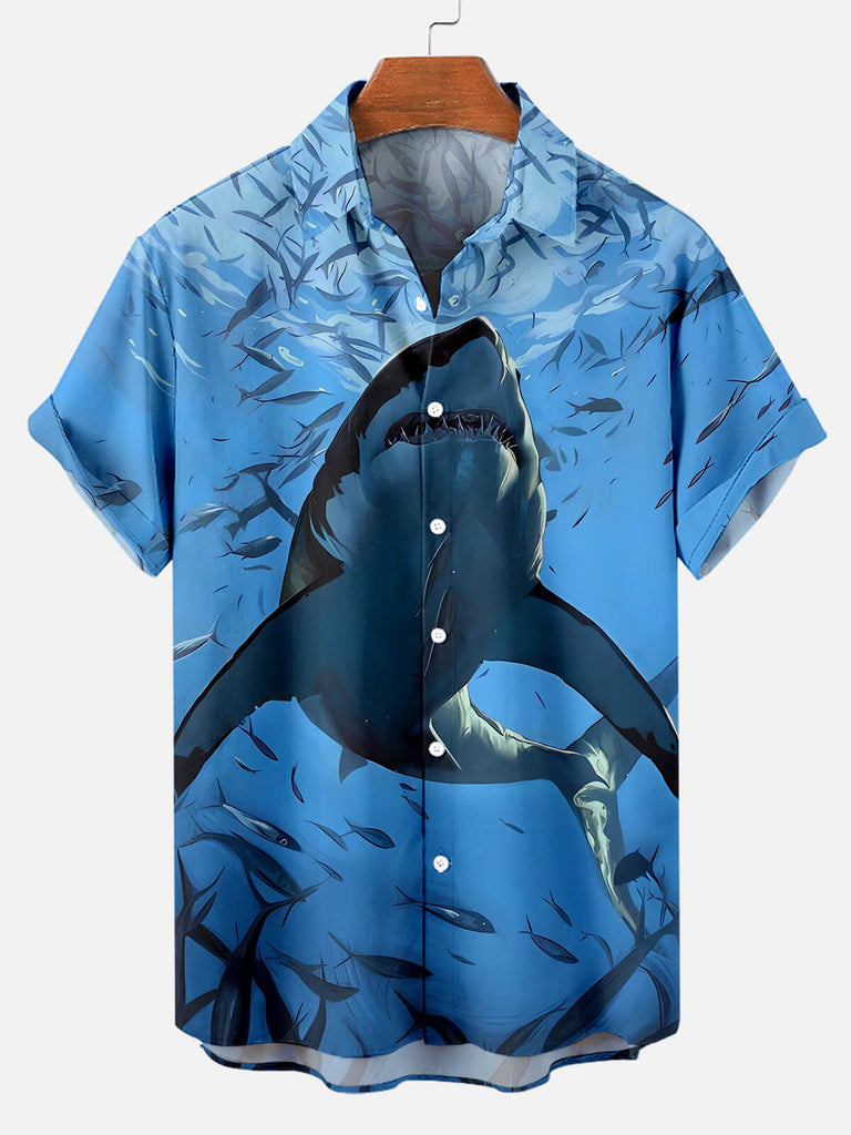 Men's Shark Illustration Print Short Sleeve ShirtMens short sleeve shirts Big and tall Mens shirts Short sleeve shirts for men Mens 4xl shirts Casual short sleeve shirts