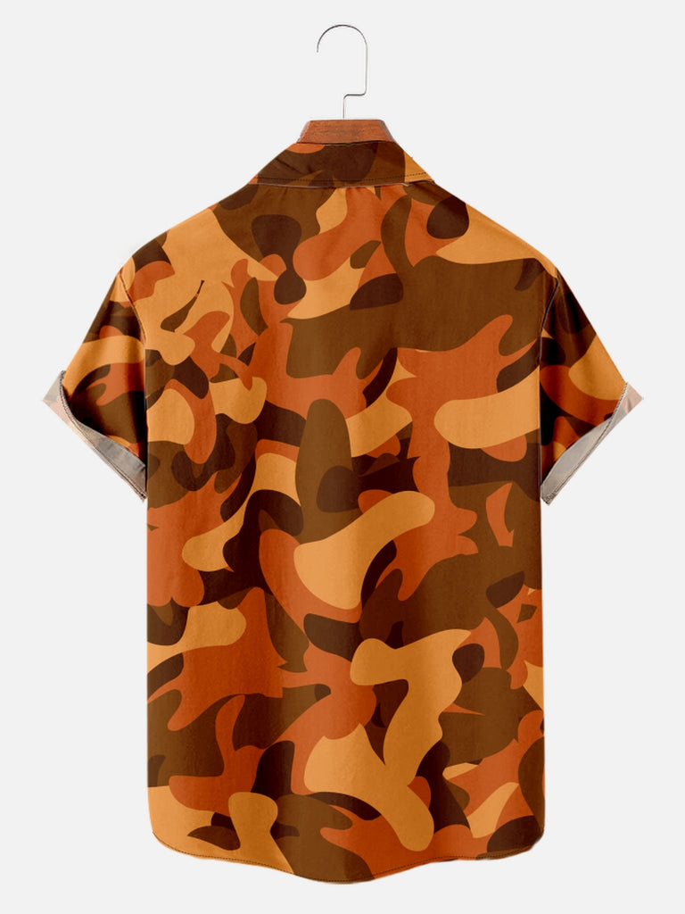 Men's Orange Camo Print Short Sleeve ShirtMens short sleeve shirts Big and tall Mens shirts Short sleeve shirts for men Mens 4xl shirts Casual short sleeve shirts