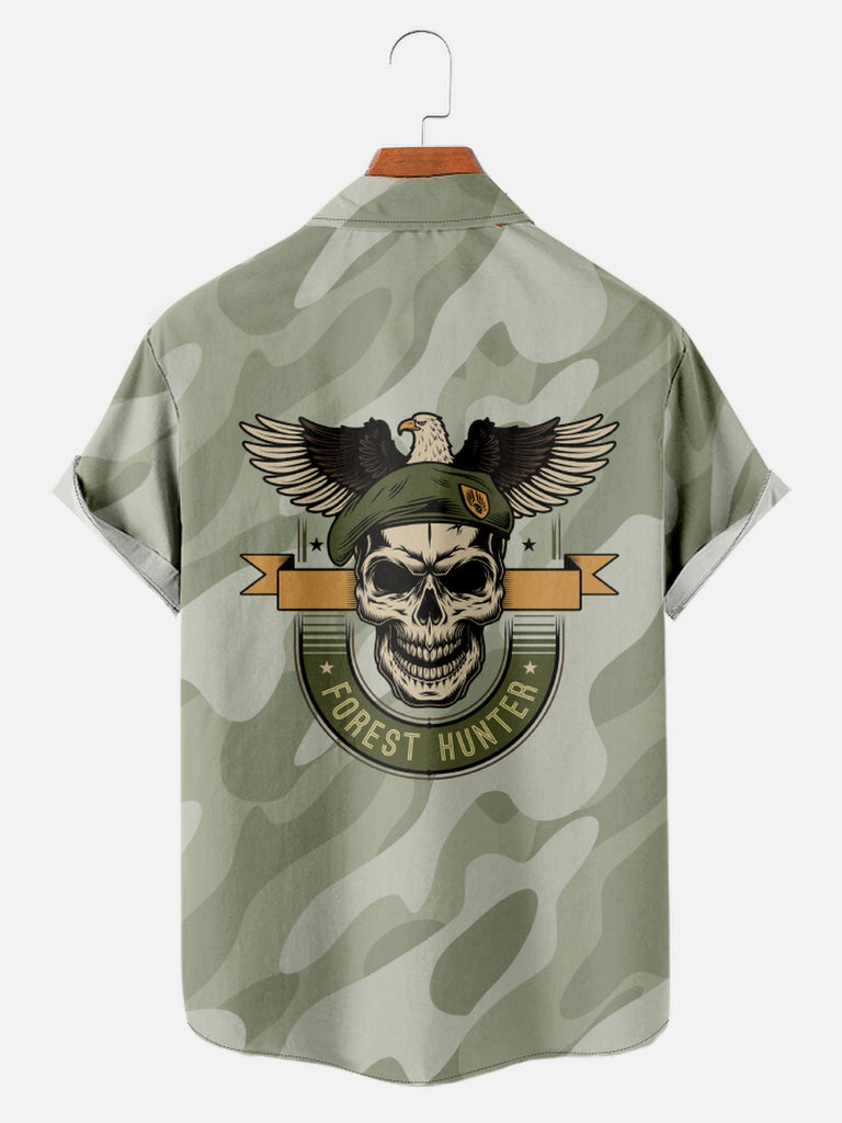 Men's Light Green Camo Print Forest Hunter Skull Short Sleeve ShirtMens short sleeve shirts Big and tall Mens shirts Short sleeve shirts for men Mens 4xl shirts Casual short sleeve shirts