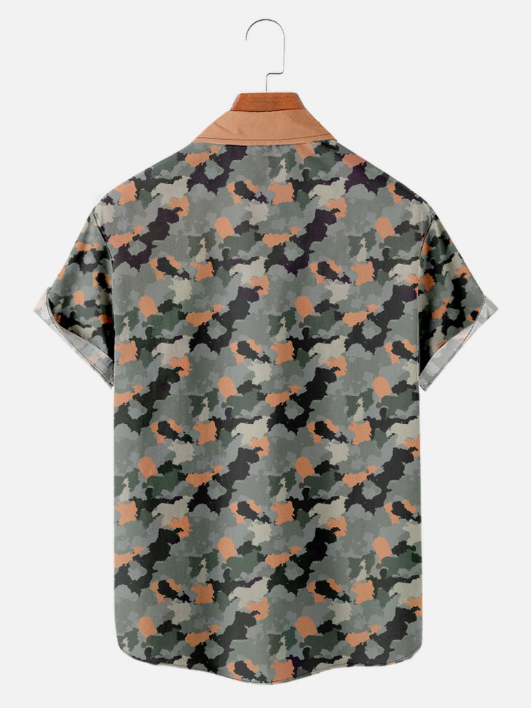 Men's Faded Orange Camo Print Short Sleeve ShirtMens short sleeve shirts Big and tall Mens shirts Short sleeve shirts for men Mens 4xl shirts Casual short sleeve shirts