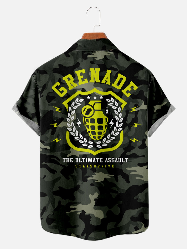 Men's Camo Print Grenade Short Sleeve ShirtMens short sleeve shirts Big and tall Mens shirts Short sleeve shirts for men Mens 4xl shirts Casual short sleeve shirts