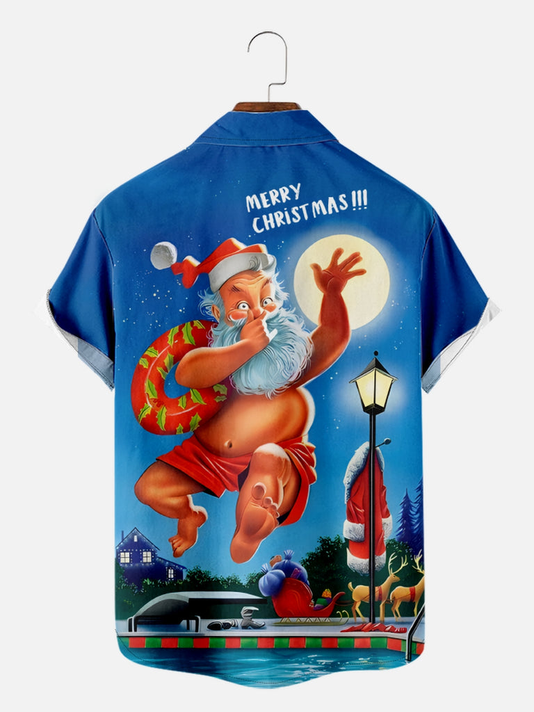 Men's Christmas Santa Taking a Break and having a Swim Short Sleeve Shirt with Chest PocketMens short sleeve shirts Big and tall Mens shirts Short sleeve shirts for men Mens 4xl shirts Casual short sleeve shirts