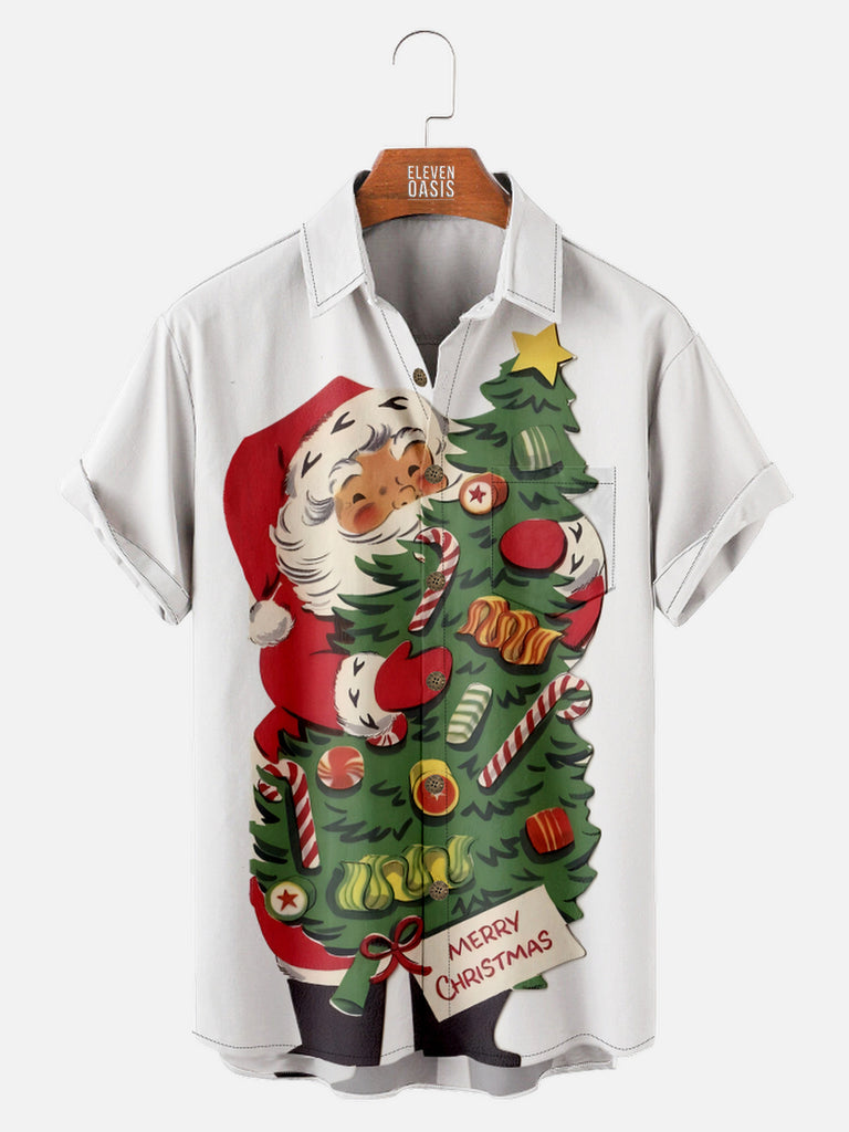 Men's Happy Santa Carrying Christmas Tree Short Sleeve ShirtMens short sleeve shirts Big and tall Mens shirts Short sleeve shirts for men Mens 4xl shirts Casual short sleeve shirts