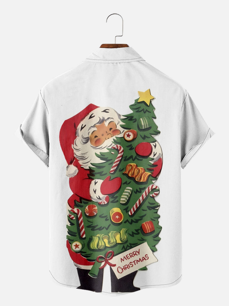 Men's Happy Santa Carrying Christmas Tree Short Sleeve ShirtMens short sleeve shirts Big and tall Mens shirts Short sleeve shirts for men Mens 4xl shirts Casual short sleeve shirts