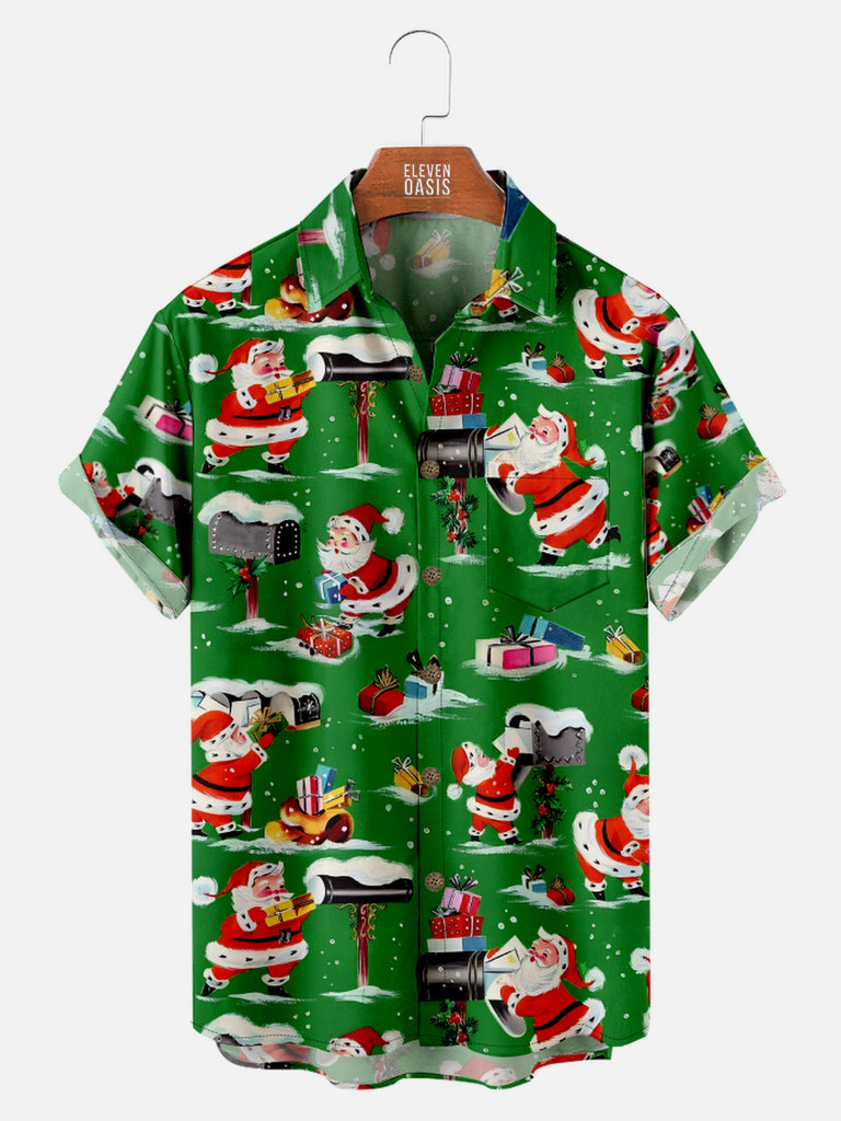 Men's Santa Delivering Presents All Over Print Short Sleeve ShirtMens short sleeve shirts Big and tall Mens shirts Short sleeve shirts for men Mens 4xl shirts Casual short sleeve shirts