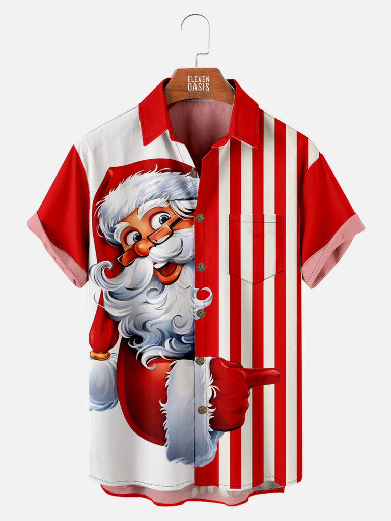 Men's Peeping Santa Striped Short Sleeve ShirtMens short sleeve shirts Big and tall Mens shirts Short sleeve shirts for men Mens 4xl shirts Casual short sleeve shirts