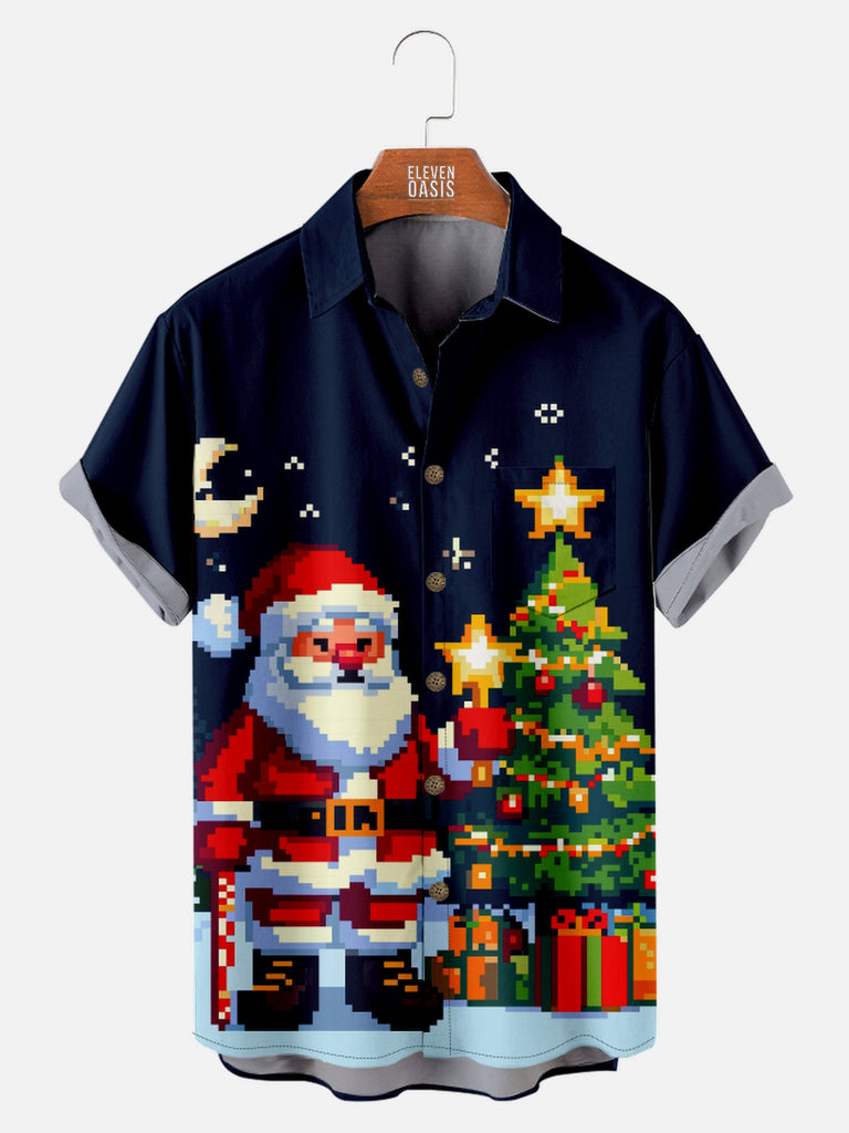 Men's Pixel Art Christmas Santa with Presents and Tree Short Sleeve ShirtMens short sleeve shirts Big and tall Mens shirts Short sleeve shirts for men Mens 4xl shirts Casual short sleeve shirts