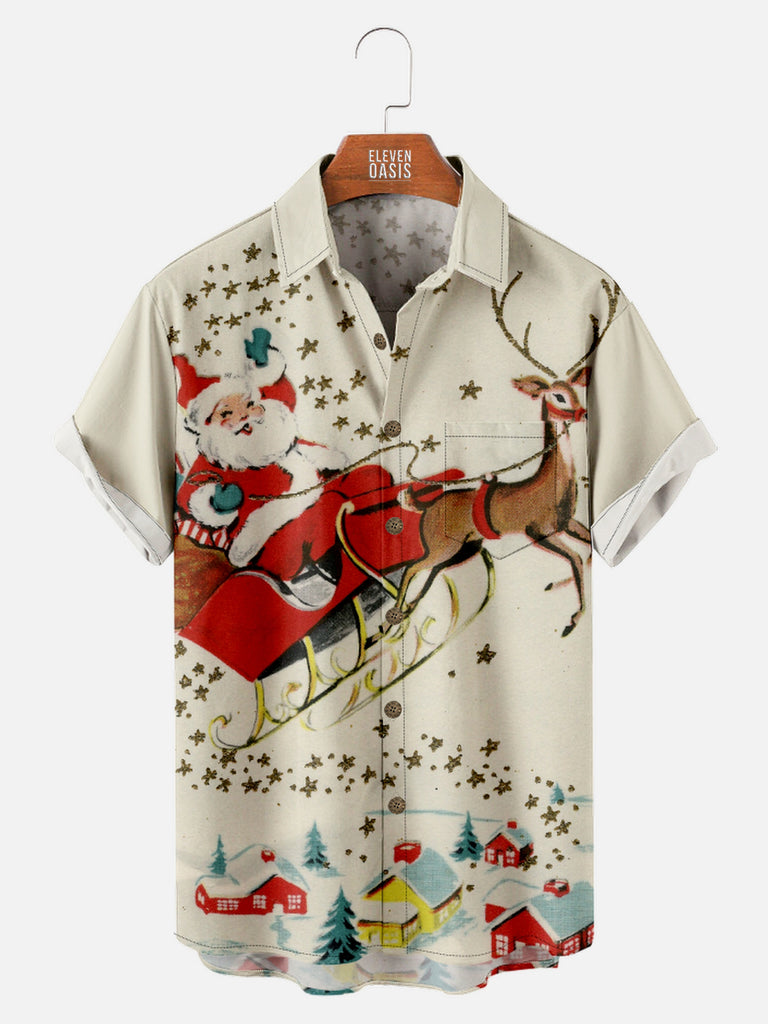 Men's Santa's Sleigh with Reindeer Delivering Presents Short Sleeve ShirtMens short sleeve shirts Big and tall Mens shirts Short sleeve shirts for men Mens 4xl shirts Casual short sleeve shirts