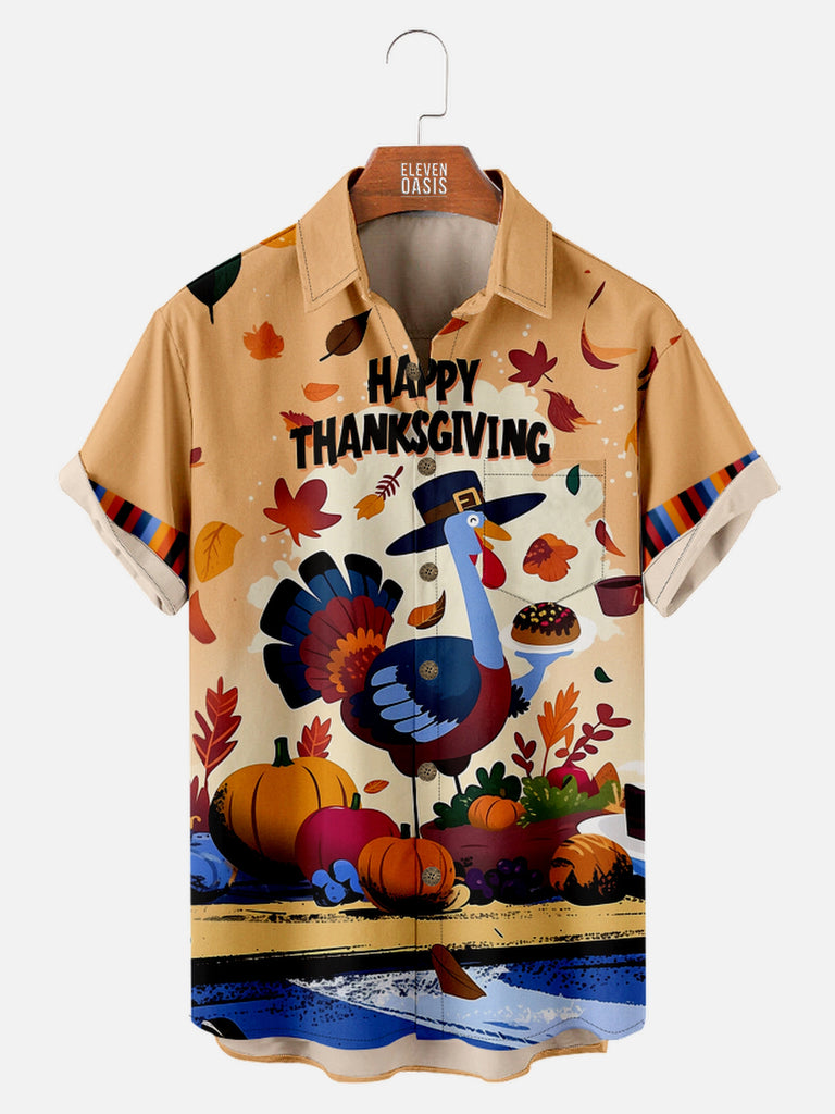 Men's Happy Thanksgiving Turkey Surrounded by Pumpkins Short Sleeve ShirtMens short sleeve shirts Big and tall Mens shirts Short sleeve shirts for men Mens 4xl shirts Casual short sleeve shirts