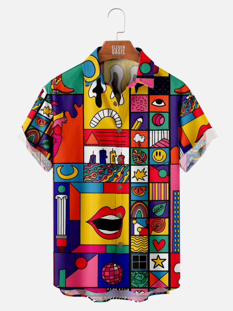 Men's Psychedelic 70s Inspired Motifs Pattern Short Sleeve Shirt, mens short sleeve shirts£¬big and tall mens shirts£¬short sleeve shirts for men£¬mens 4xl shirts£¬casual short sleeve shirts