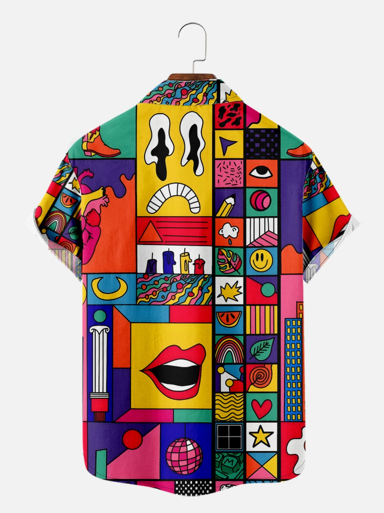 Men's Psychedelic 70s Inspired Motifs Pattern Short Sleeve Shirt, mens short sleeve shirts£¬big and tall mens shirts£¬short sleeve shirts for men£¬mens 4xl shirts£¬casual short sleeve shirts