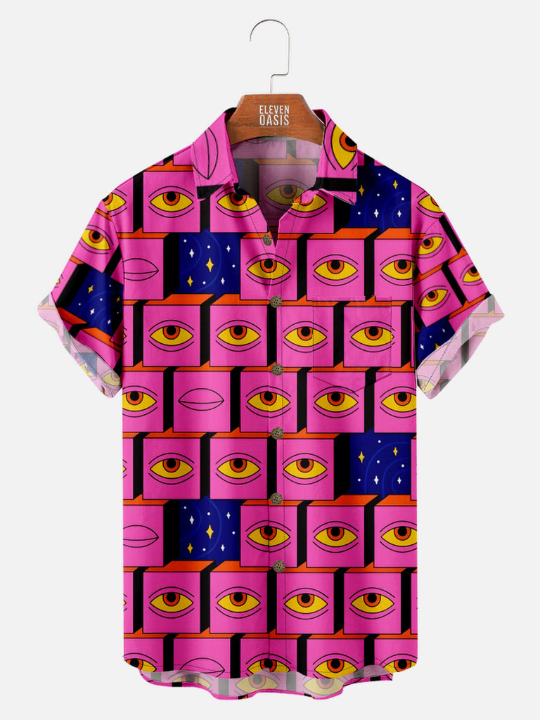 Men's Retro 70s Inspired Psychedelic Eye Pattern Short Sleeve Shirt, mens short sleeve shirts£¬big and tall mens shirts£¬short sleeve shirts for men£¬mens 4xl shirts£¬casual short sleeve shirts