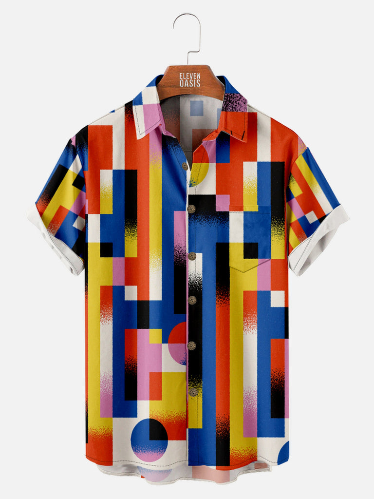 Men's Trapper Keeper Inspired Stripes and Circle Pattern Short Sleeve Shirt, mens short sleeve shirts£¬big and tall mens shirts£¬short sleeve shirts for men£¬mens 4xl shirts£¬casual short sleeve shirts