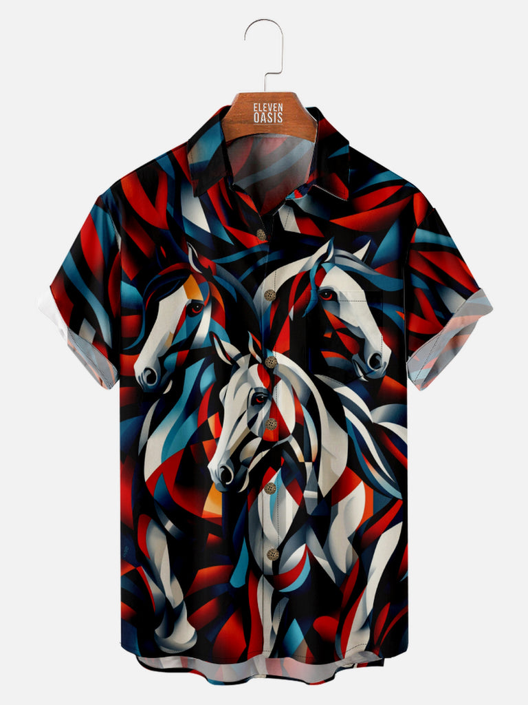 Men's Abstract Three Horses Short Sleeve Shirt, mens short sleeve shirts£¬big and tall mens shirts£¬short sleeve shirts for men£¬mens 4xl shirts£¬casual short sleeve shirts