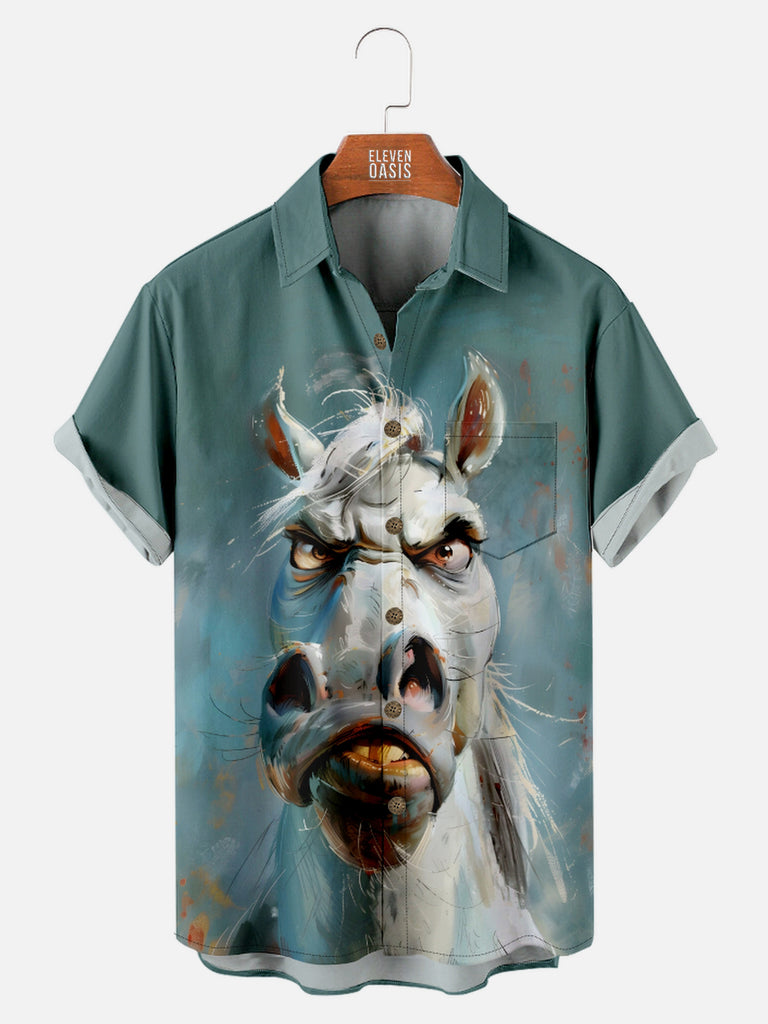 Men's Grumpy Angry Oil Painted Horse Short Sleeve Shirt, mens short sleeve shirts£¬big and tall mens shirts£¬short sleeve shirts for men£¬mens 4xl shirts£¬casual short sleeve shirts