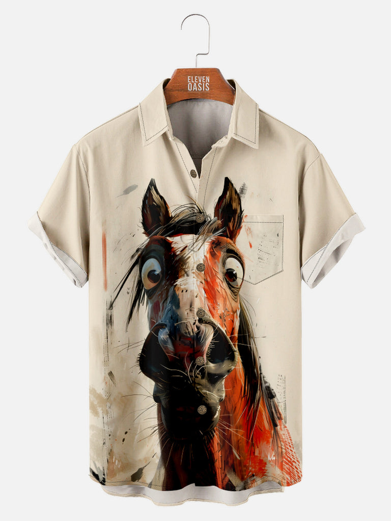 Men's Oil Painted Shocked Horse Short Sleeve Shirt, mens short sleeve shirts£¬big and tall mens shirts£¬short sleeve shirts for men£¬mens 4xl shirts£¬casual short sleeve shirts