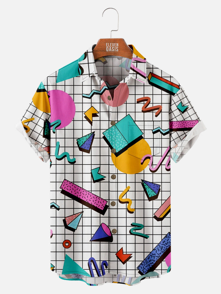 Men's Trapper Keeper Inspired Shapes Pattern Grid Short Sleeve Shirt, mens short sleeve shirts¡ê?big and tall mens shirts¡ê?short sleeve shirts for men¡ê?mens 4xl shirts¡ê?casual short sleeve shirts