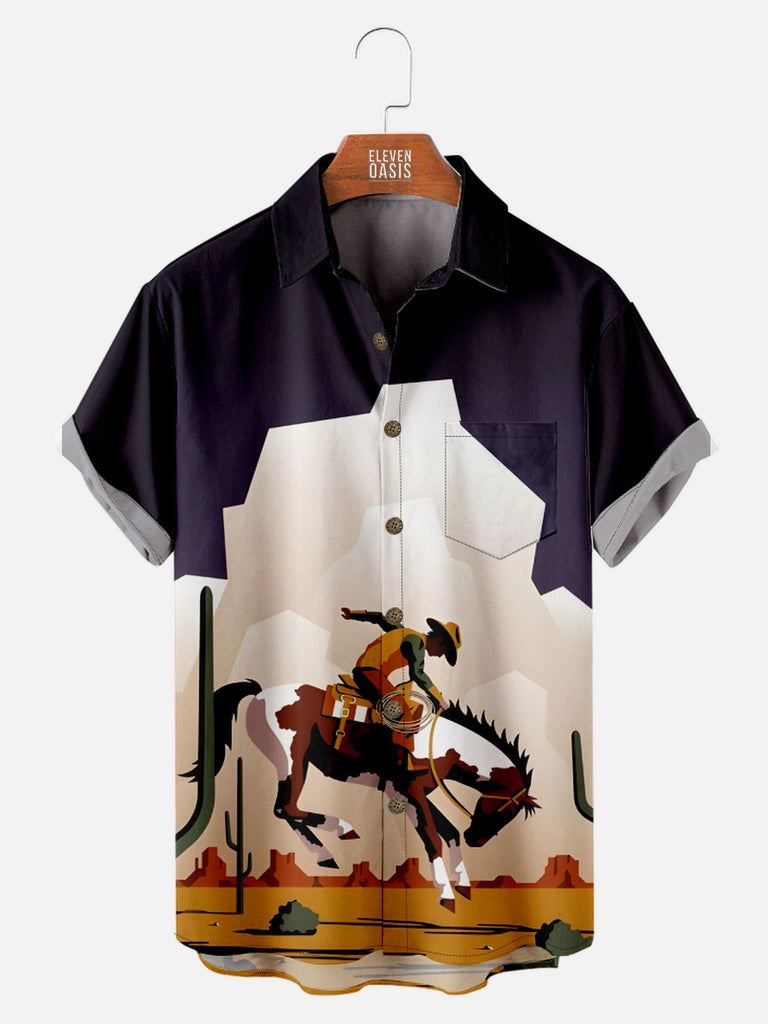 Men's Cowboy in the Desert Breaking a Horse Short Sleeve Shirt, mens short sleeve shirts£¬big and tall mens shirts£¬short sleeve shirts for men£¬mens 4xl shirts£¬casual short sleeve shirts