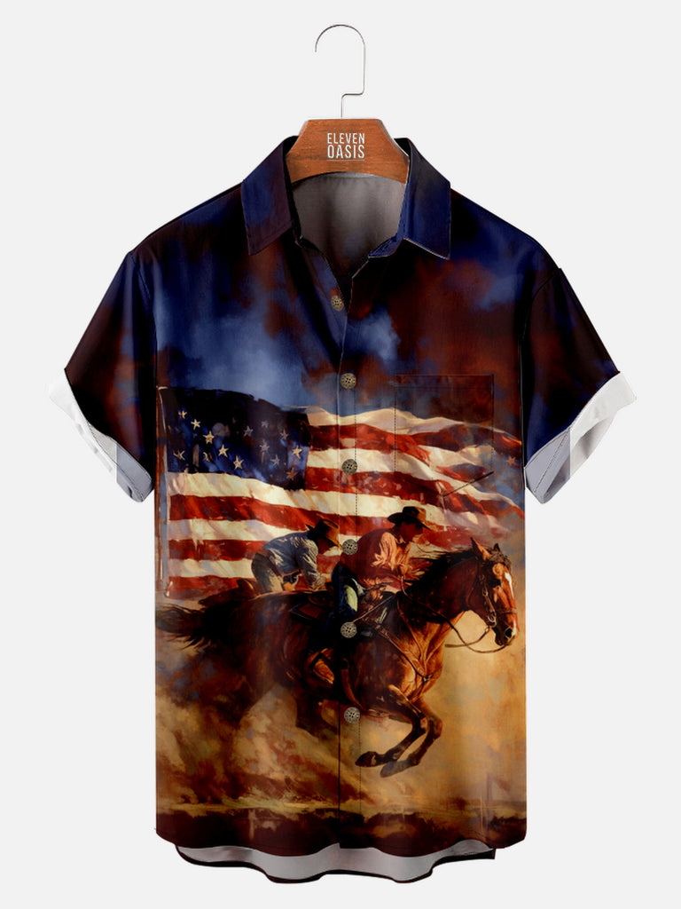 Men's Cowboys Galloping with USA Flag in the Background Short Sleeve Shirt, mens short sleeve shirts£¬big and tall mens shirts£¬short sleeve shirts for men£¬mens 4xl shirts£¬casual short sleeve shirts