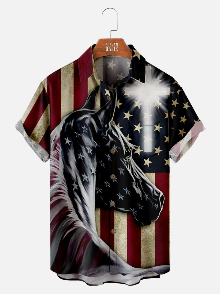 Men's USA Flag with Cross and Horse Short Sleeve Shirt, mens short sleeve shirts¡ê?big and tall mens shirts¡ê?short sleeve shirts for men¡ê?mens 4xl shirts¡ê?casual short sleeve shirts