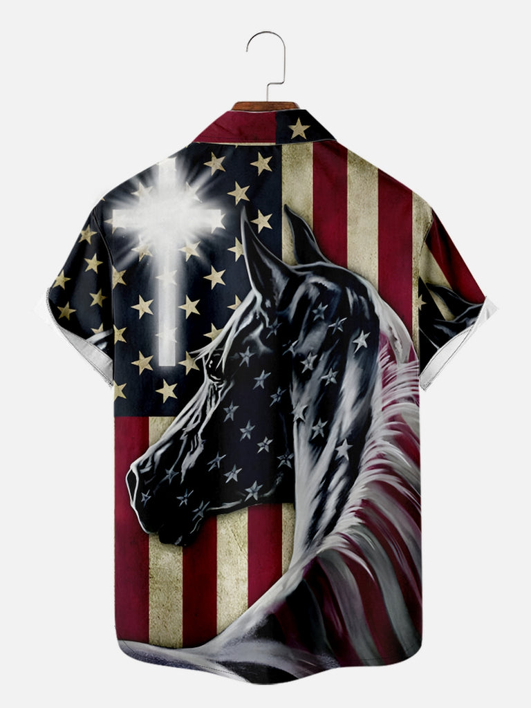 Men's USA Flag with Cross and Horse Short Sleeve Shirt, mens short sleeve shirts¡ê?big and tall mens shirts¡ê?short sleeve shirts for men¡ê?mens 4xl shirts¡ê?casual short sleeve shirts