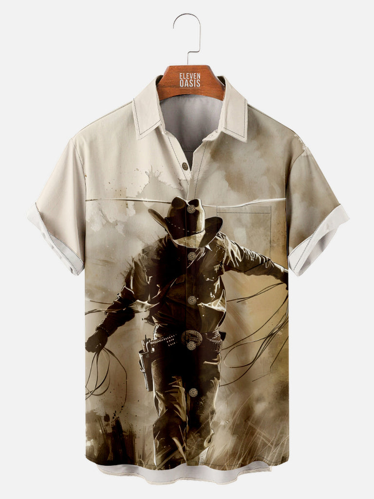 Men's Extremely Cool Cowboy Getting Ready Short Sleeve Shirt, mens short sleeve shirts£¬big and tall mens shirts£¬short sleeve shirts for men£¬mens 4xl shirts£¬casual short sleeve shirts