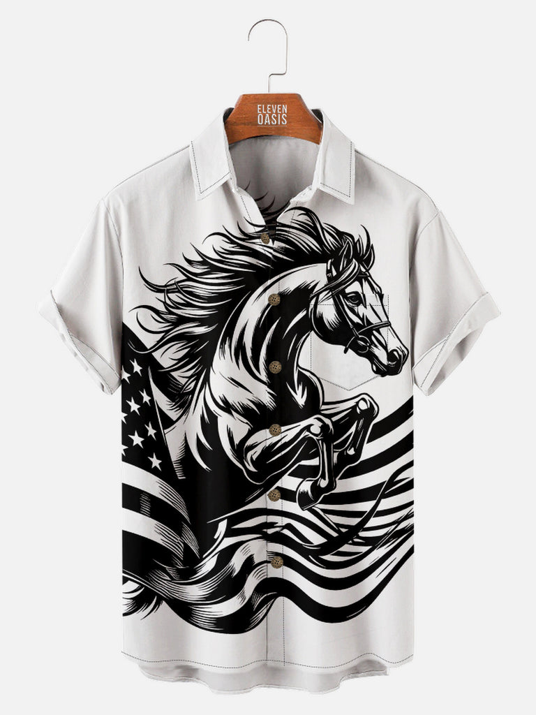 Men's Horse Leaping Out of Stars and Stripes USA Flag Short Sleeve Shirt, mens short sleeve shirts£¬big and tall mens shirts£¬short sleeve shirts for men£¬mens 4xl shirts£¬casual short sleeve shirts