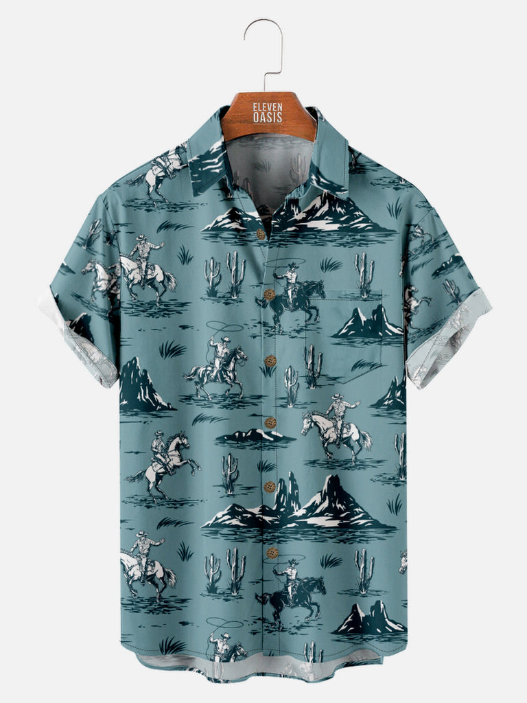 Men's Cowboys in the Desert All Over Print Short Sleeve Shirt, mens short sleeve shirts£¬big and tall mens shirts£¬short sleeve shirts for men£¬mens 4xl shirts£¬casual short sleeve shirts