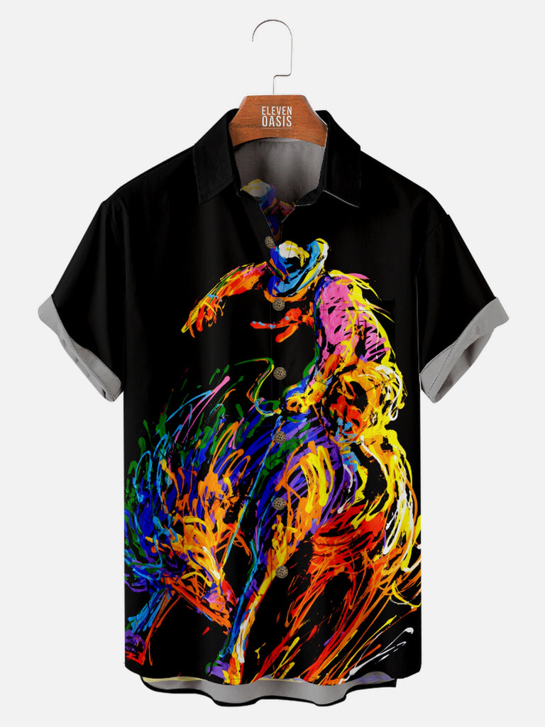 Men's Abstract Cowboy Breaking a Horse Short Sleeve Shirt, mens short sleeve shirts¡ê?big and tall mens shirts¡ê?short sleeve shirts for men¡ê?mens 4xl shirts¡ê?casual short sleeve shirts