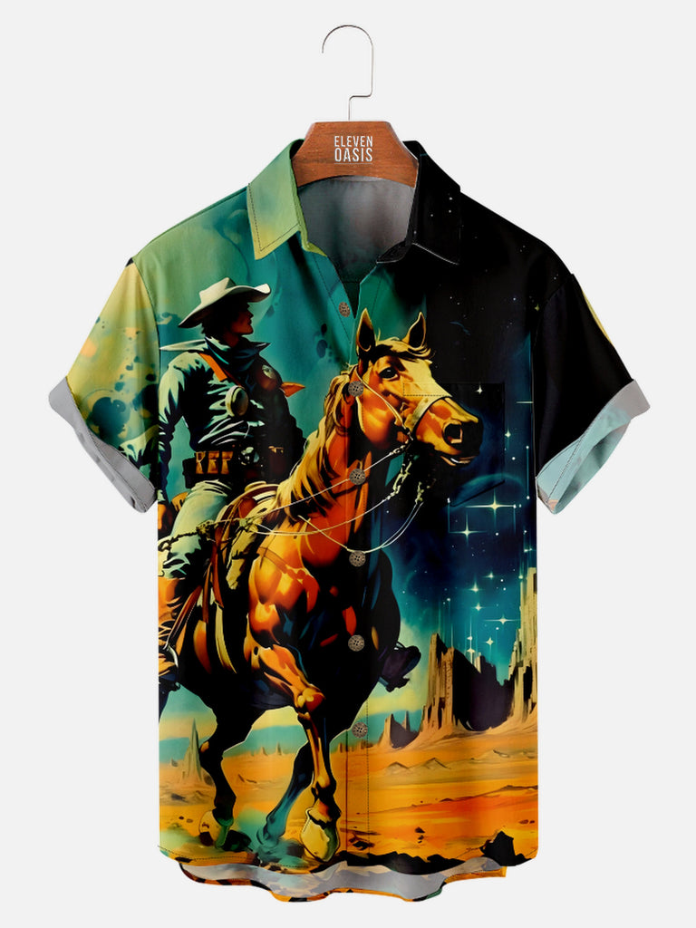 Men's Cowboy Riding in the Desert Under the Night Sky Short Sleeve Shirt, mens short sleeve shirts£¬big and tall mens shirts£¬short sleeve shirts for men£¬mens 4xl shirts£¬casual short sleeve shirts