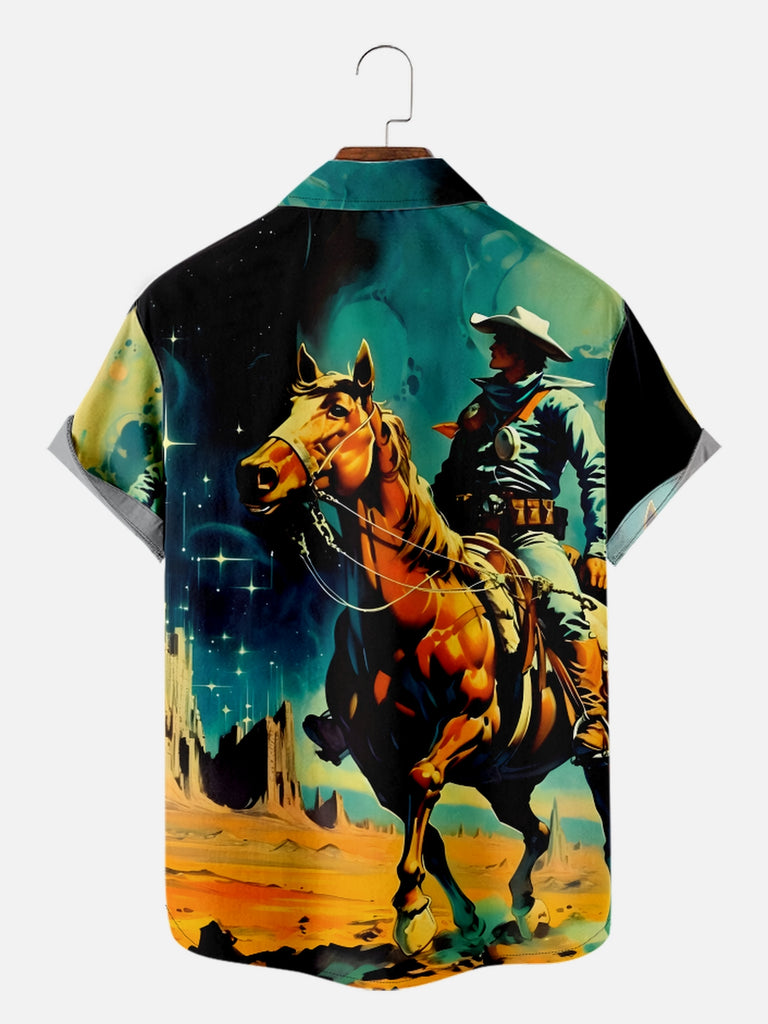 Men's Cowboy Riding in the Desert Under the Night Sky Short Sleeve Shirt, mens short sleeve shirts£¬big and tall mens shirts£¬short sleeve shirts for men£¬mens 4xl shirts£¬casual short sleeve shirts