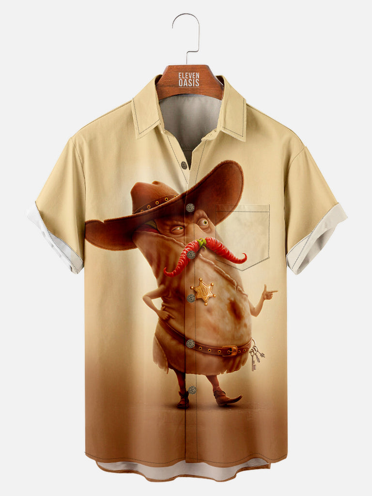 Men's Burrito Cowboy with Chili Moustache Short Sleeve Shirt, mens short sleeve shirts£¬big and tall mens shirts£¬short sleeve shirts for men£¬mens 4xl shirts£¬casual short sleeve shirts