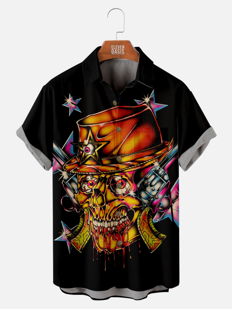 Men's Graffiti Style Cowboy Skull Short Sleeve Shirt, mens short sleeve shirts£¬big and tall mens shirts£¬short sleeve shirts for men£¬mens 4xl shirts£¬casual short sleeve shirts