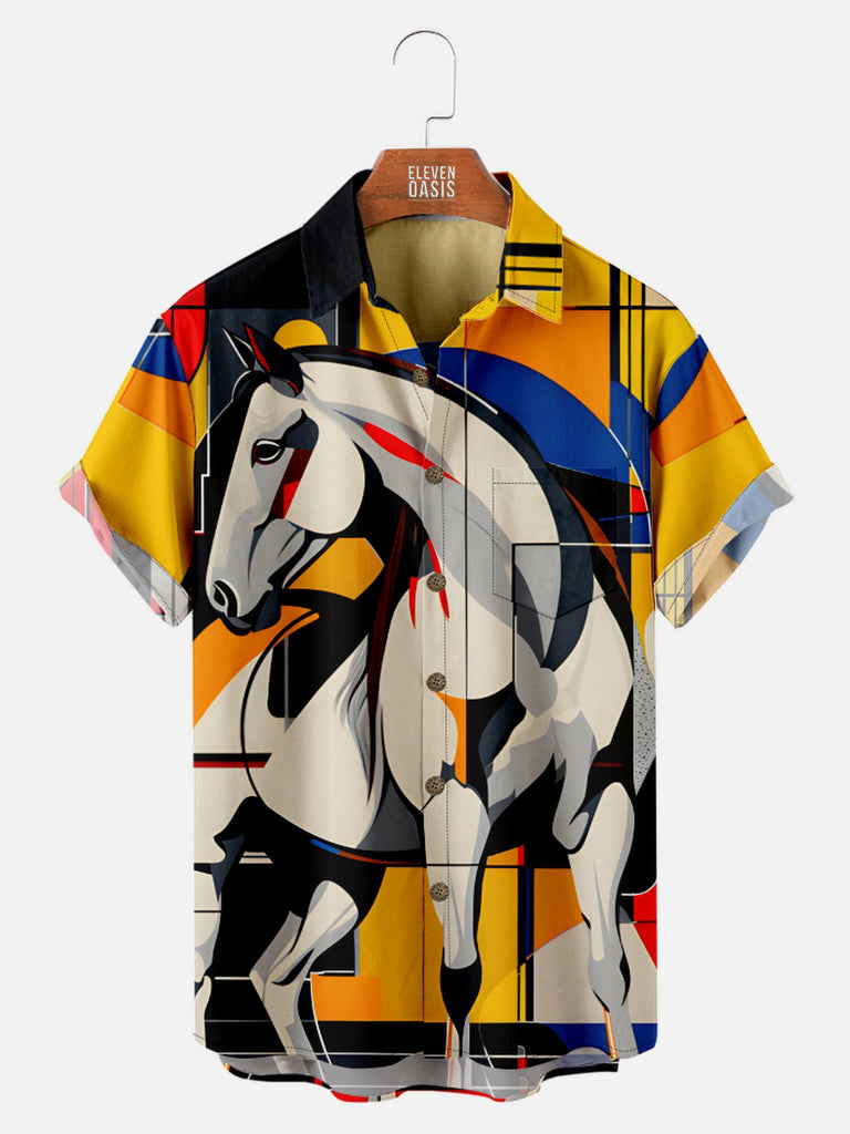 Men's Abstract Horse In Front of the Sun Light Short Sleeve Shirt, mens short sleeve shirts£¬big and tall mens shirts£¬short sleeve shirts for men£¬mens 4xl shirts£¬casual short sleeve shirts