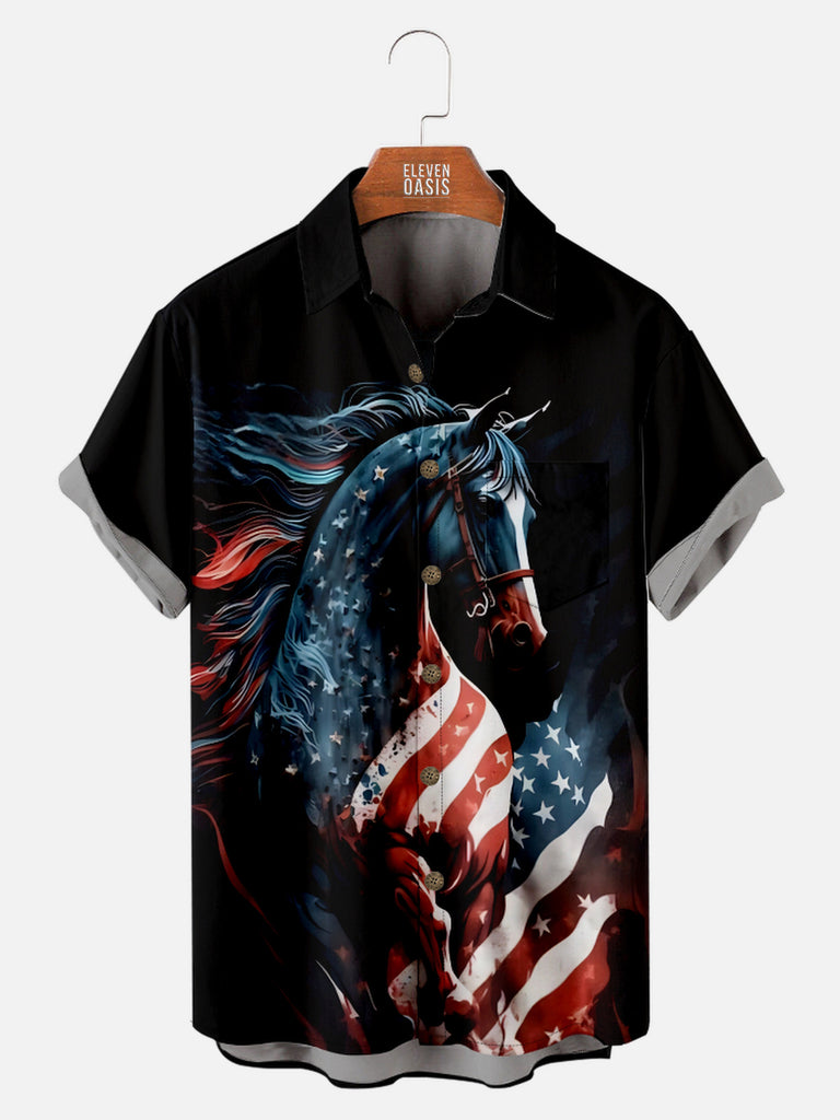 Men's Majestic Horse with Stars and Stripes Flag Short Sleeve Shirt, mens short sleeve shirts¡ê?big and tall mens shirts¡ê?short sleeve shirts for men¡ê?mens 4xl shirts¡ê?casual short sleeve shirts