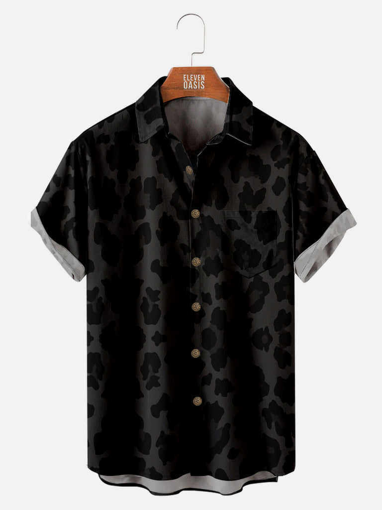 Men's Classic Black Leopard Print Short Sleeve Shirt, mens short sleeve shirts£¬big and tall mens shirts£¬short sleeve shirts for men£¬mens 4xl shirts£¬casual short sleeve shirts