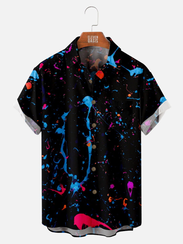 Men's Blue Red Pink Paint Splatter Pattern Short Sleeve Shirt, mens short sleeve shirts£¬big and tall mens shirts£¬short sleeve shirts for men£¬mens 4xl shirts£¬casual short sleeve shirts