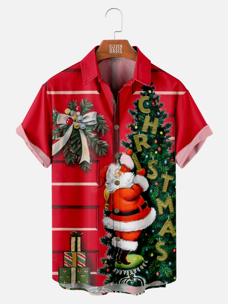 Men's Santa Puts Up Christmas Ornaments on Tree Short Sleeve Shirt, mens short sleeve shirts?¡§o?big and tall mens shirts?¡§o?short sleeve shirts for men?¡§o?mens 4xl shirts?¡§o?casual short sleeve shirts