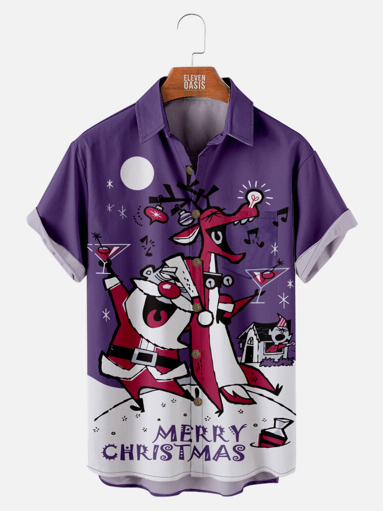 Men's Merry Christmas with Santa and Reindeer Drinking Cocktails Short Sleeve Shirt, mens short sleeve shirts¡ê?big and tall mens shirts¡ê?short sleeve shirts for men¡ê?mens 4xl shirts¡ê?casual short sleeve shirts