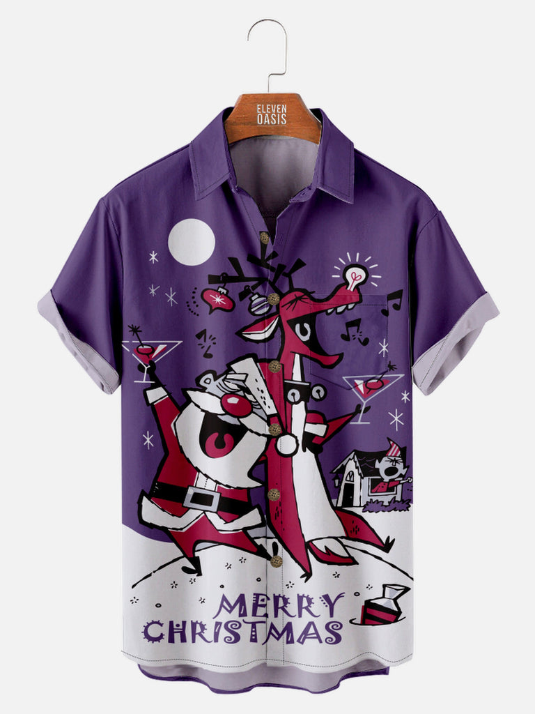 Men's Merry Christmas with Santa and Reindeer Drinking Cocktails Short Sleeve Shirt, mens short sleeve shirts?¡§o?big and tall mens shirts?¡§o?short sleeve shirts for men?¡§o?mens 4xl shirts?¡§o?casual short sleeve shirts