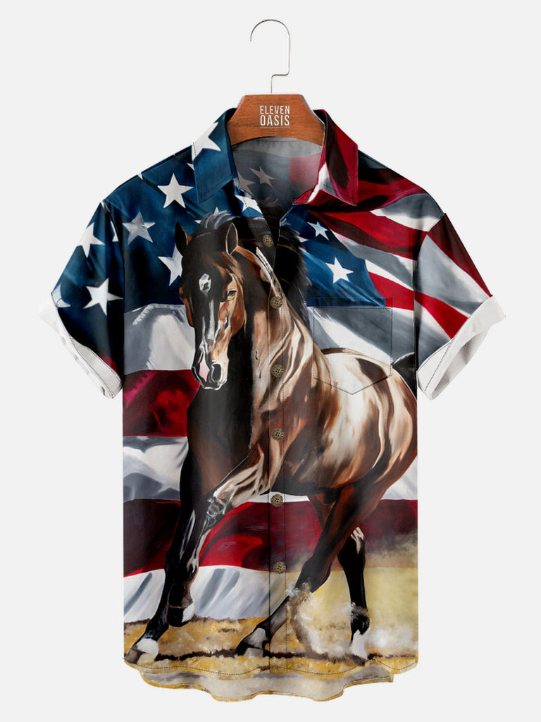 Men's Majestic Horse with Stars and Stripes USA Flag in the Background Short Sleeve Shirt, mens short sleeve shirts¡ê?big and tall mens shirts¡ê?short sleeve shirts for men¡ê?mens 4xl shirts¡ê?casual short sleeve shirts