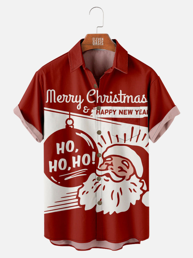 Men's Retro Style Line Art Santa Wishing Everyone a Merry Christmas & Happy New Year Short Sleeve Shirt, mens short sleeve shirts¡ê?big and tall mens shirts¡ê?short sleeve shirts for men¡ê?mens 4xl shirts¡ê?casual short sleeve shirts